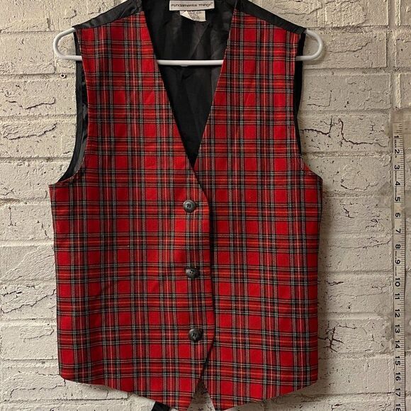 Dark Academia School Girl 90's Vintage Red Plaid Button Up Vest - Picture 1 of 8